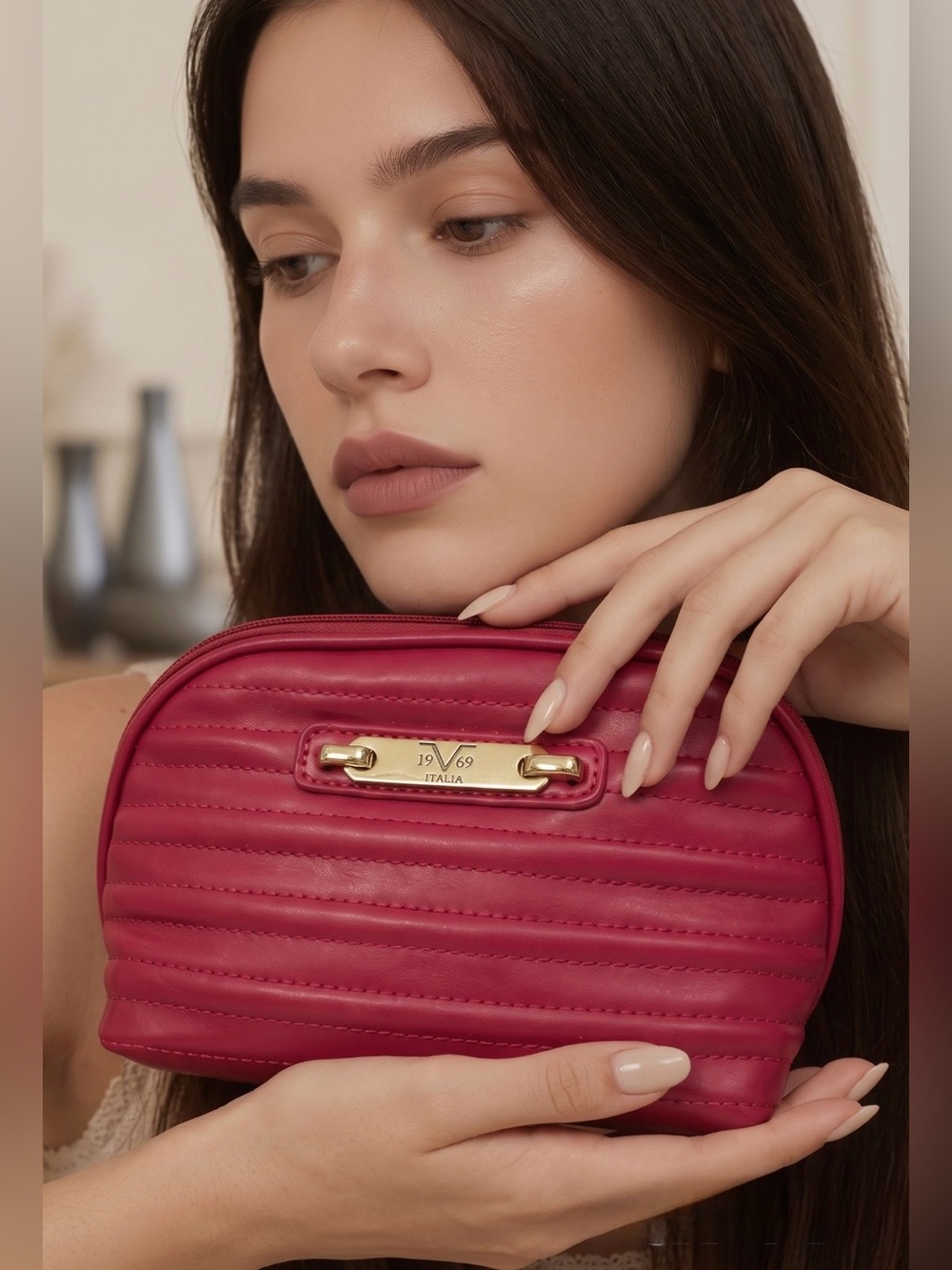 Versace 19V69 Quilted Berry Red Cosmetic Pouch 2016 Vegan Friendly